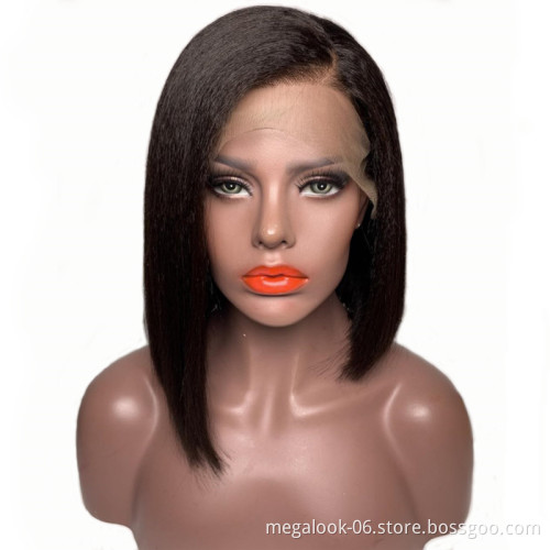 Megalook Brazilian Hair Yaki Short Bob Wig Natural Color Human Hair Wig Kinky Straight 13X4 Lace Front Wig